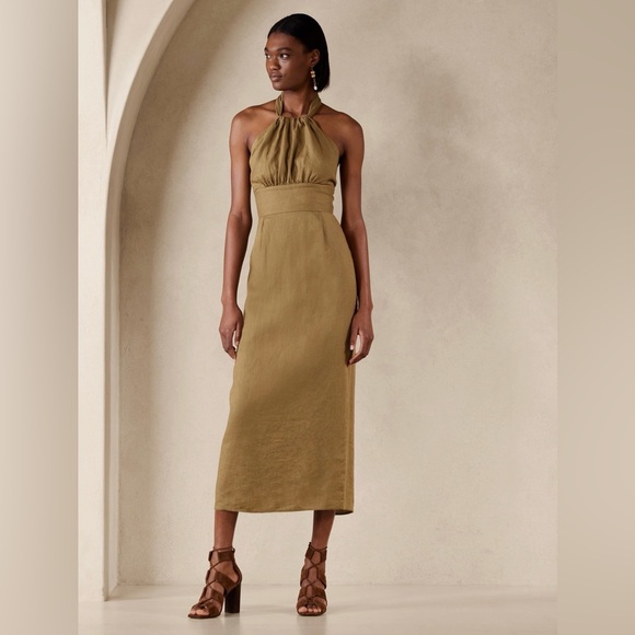 Banana Republic Dresses & Skirts - 🌿 Banana Republic Lisa Linen Halter Midi Dress Khaki‎ Column Cutout Size 8 🌿